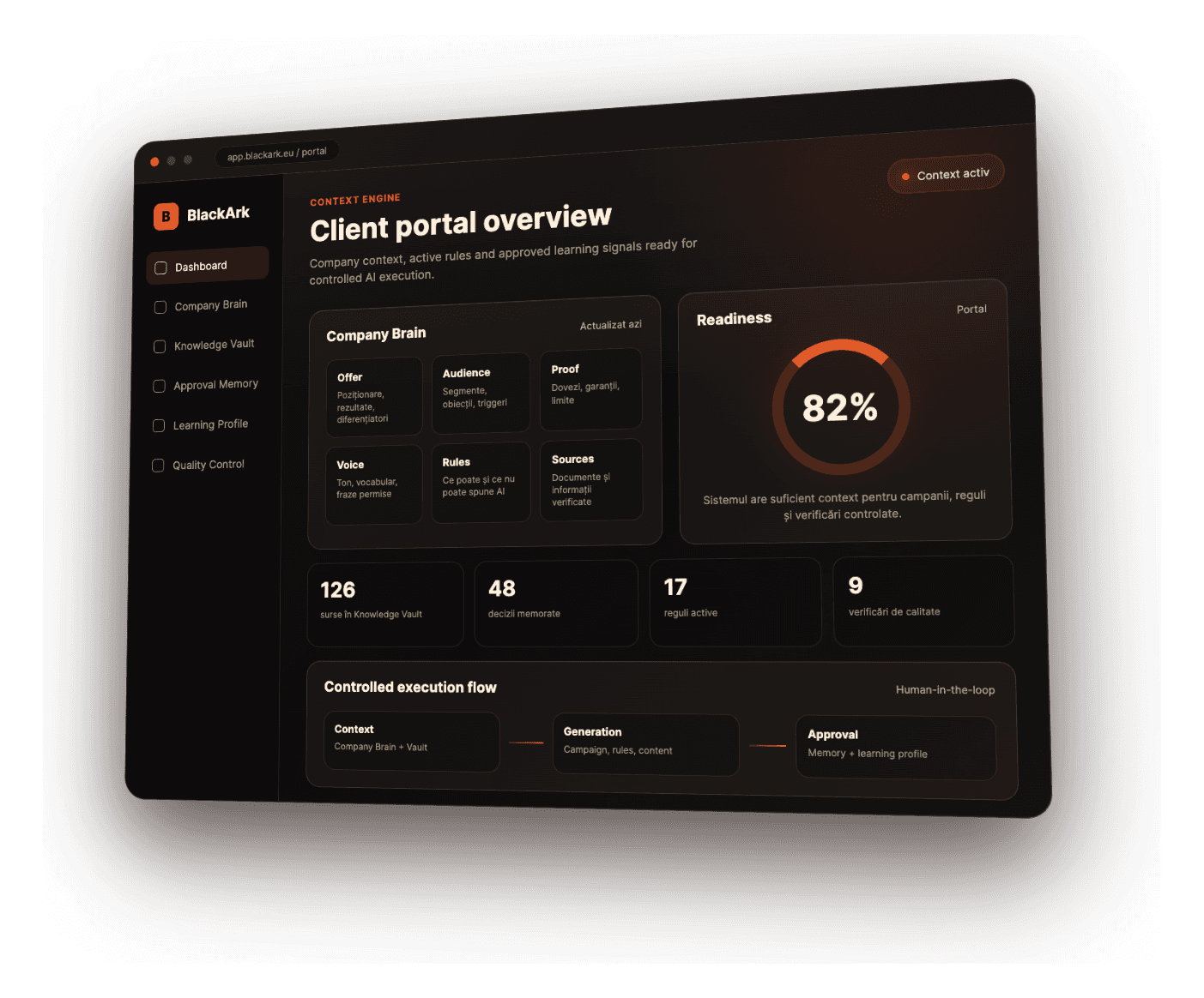 Interfața BlackArk pentru contextul companiei, reguli active și memorie de aprobare