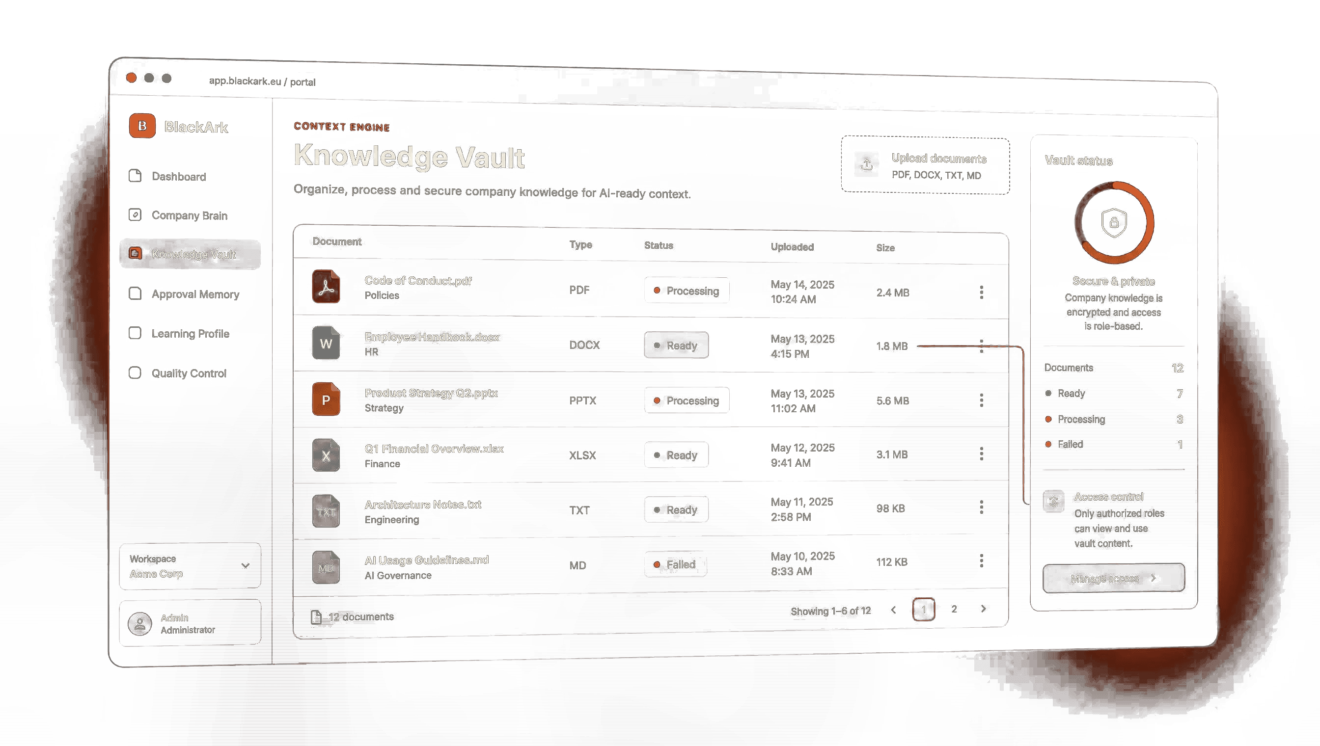 Interfață Knowledge Vault cu listă de documente, status de procesare și panou de acces securizat
